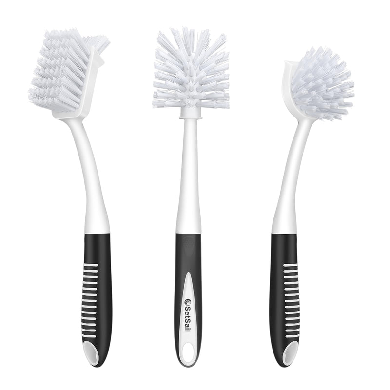SetSail Dish Brush Set of 3 with Bottle Brush, Dish Scrub Brush with Long Handle Deep Cleaning Handle Brush with Scraper Tip for Kitchen Sink Dishes Bottle Cup Pot and Pans Tile Lines, Black - BeesActive Australia
