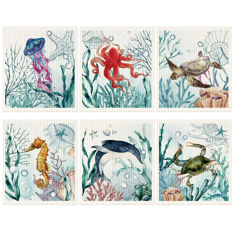 6 Pcs Swedish Kitchen Dish Cloths Kitchen Towels Reusable Sponge Cleaning Cloths Wipes Absorbent Dish Cloth Quick Drying Washable Decorative Tea Towels No Odor Bar Hand Towel (Ocean Animal) Ocean Animal - BeesActive Australia
