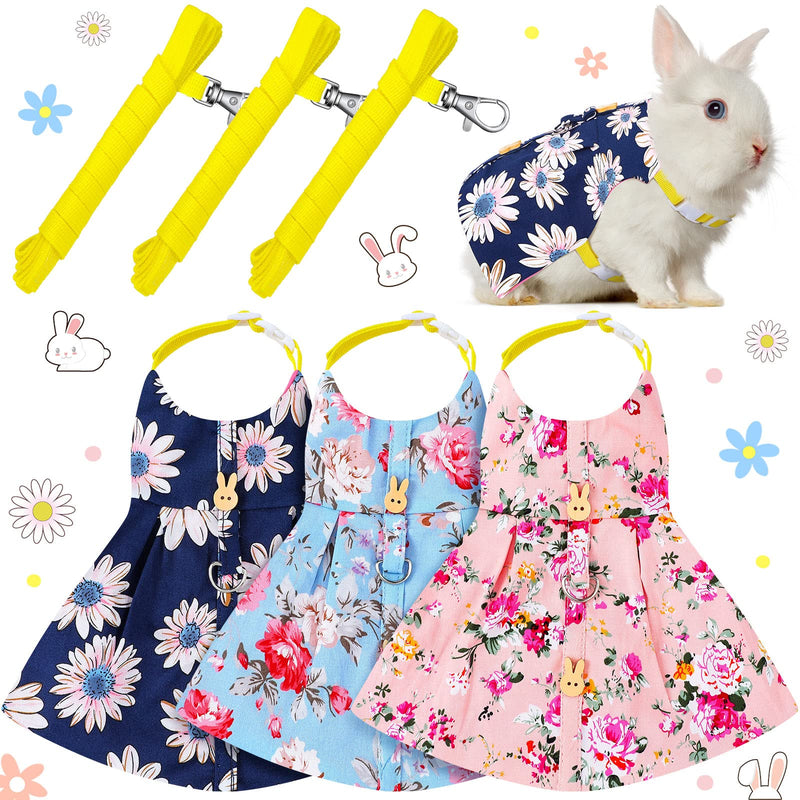 3 Piece Cute Rabbit Leash and Harness Set, Bunny Rabbit Dress Clothes Walking Harness Vest Escape Proof Pet Supply for Rabbit Hedgehog Ferret Guinea Pig (Pink Flower, Blue Flower, Daisy) Pink Flower, Blue Flower, Daisy - BeesActive Australia