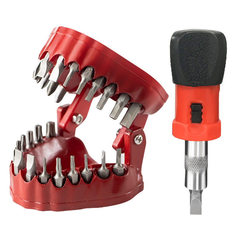 Magoog Denture Drill Bit Holder,Magoog Gag Gift for Dentist,3D Sculpture Desk Decor,1/4” Hex Bit Screwdriver,2-in-1 Screwdriver& Desk Gadget,Magnetic Gums with 28PCS Bits,Red Red