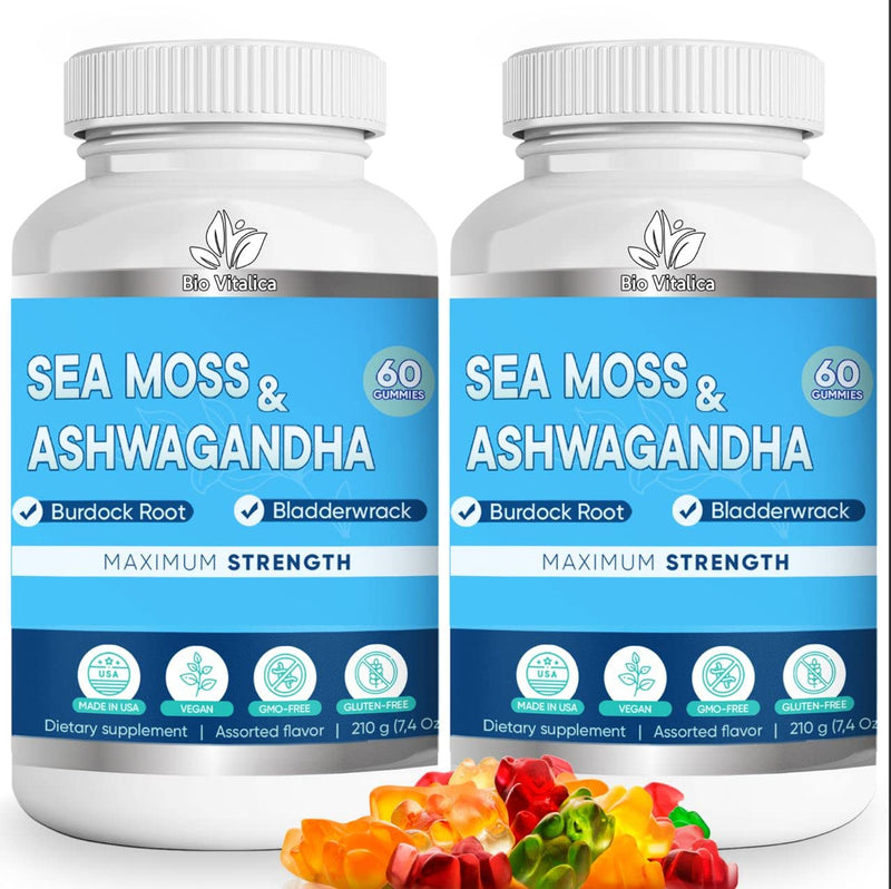 Sea Moss Ashwagandha Gummies - Organic Irish Sea Moss Blended with Burdock Root & Bladderwrack - Natural Energy & Calm Support for Adults - 2 Packs Sea Moss Ashwagandha 60 Count (Pack of 2)