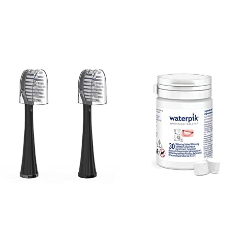 Waterpik Full Size Brush Heads with Covers for Toothbrush, Black, Pack of 2 & Whitening Water Flosser Refill Tablets for Whitening Flosser, Pack of 30