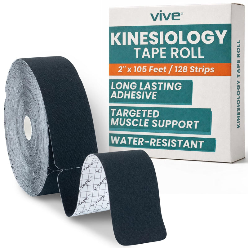 Vive Kinesiology Tape Roll - Tape Precut Strips (2" x 105 Feet/128 Strips) - Kinesio Sports Tape Athletic - Knee, Shoulder, Ankle, Muscle K Tape Adhesive Elastic Wrap - Body Kinetic Tape Waterproof 2" x 105' Black