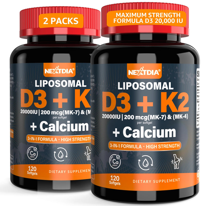 Vitamin D3 20,000 IU + K2 Vitamin (MK4 & MK7) 200mcg + Calcium Citrate, Optimal Vitamin D3 K2 Softgel - Strong Bone & Muscle, Calcium Absorption, Helping Vitamin D Deficiencies, Easy to Swallow, 2Pack 120 Count (Pack of 2)