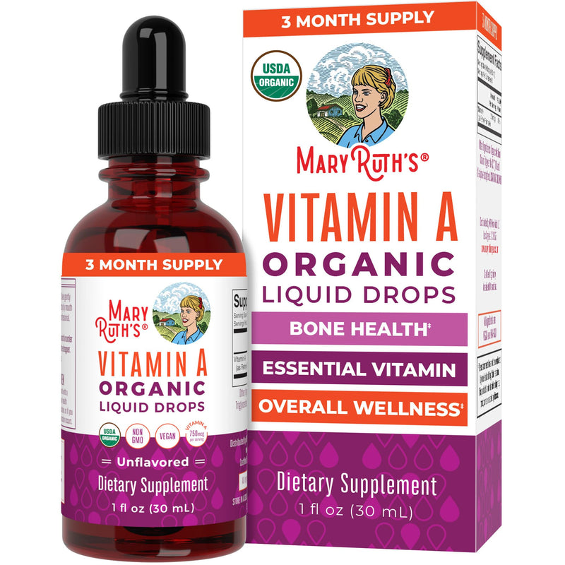 MARYRUTH'S Organics USDA Organic Vitamin A Liquid Drops, 1 oz, Sugar Free | 3 Month Supply, Bone Health for Ages 14+, 750mcg per Serving, Sugar Free, Vegan