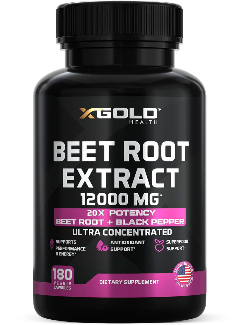 Beet Root Extract Capsules - 12000mg 20x Concentrated Beet Root Capsules Supplement w/Black Pepper - High Nitrates - Natural Nitric Oxide Booster - Highly Concentrated & Bioavailable -180 Veggie Caps