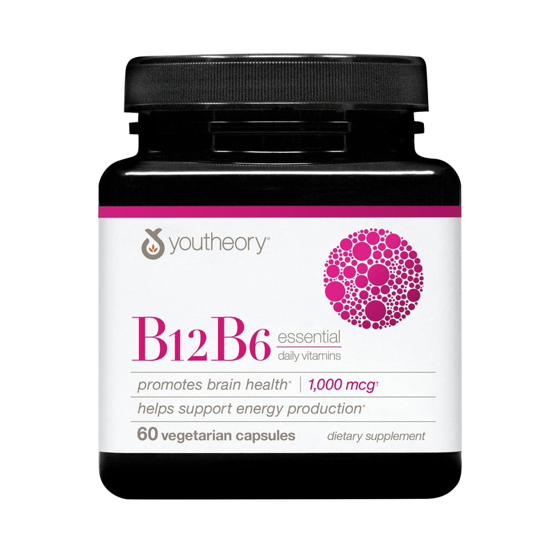 Youtheory B12B6, 60 Vegetarian Capsules, 60-Day Supply | Vegan Vitamin B6 and Vitamin B12, Offers Brain Health, Energy, and Immunity Support*, Dairy, Soy, and Gluten-Free Unflavored 60 Count (Pack of 1)