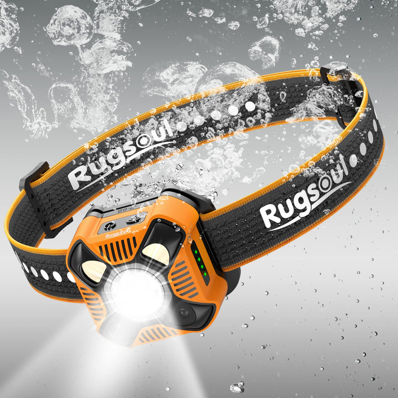 Headlamp Flashlight, IP68 Waterproof Outdoor Rechargeable LED Headlamp with 6 Lighting Modes Ultra-Light Bright Headlight for Camping, Hiking, Fishing, Cycling, Hunting Gear（Yellow Orange