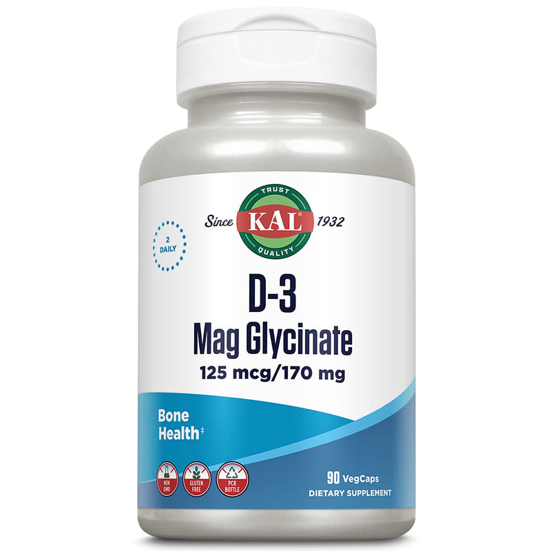 KAL Vitamin D3 & Magnesium Glycinate, Enhanced Absorption Formula with BioPerine, Muscle & Bone Health Support, Immune Support & More, Non-GMO, Gluten Free, 45 Servings, 90 VegCaps Unflavored 90 Count (Pack of 1)