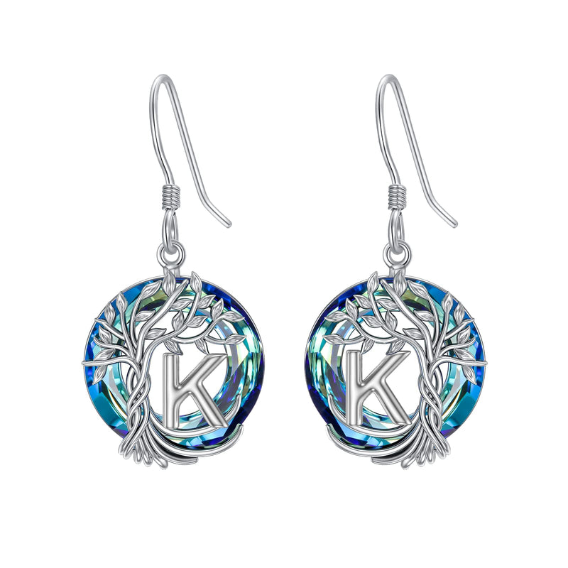 TOUPOP Earrings for Women Tree of Life Earrings with A-Z Initial Letter 925 Sterling Silver Hooks Drop Earrings Tree Dangle Earrings with Blue Circle Crystal Birthday Jewelry Gifts for Women Girls Friends K - BeesActive Australia