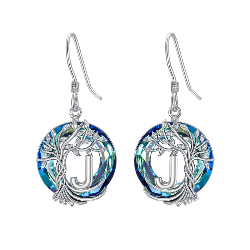 TOUPOP Earrings for Women Tree of Life Earrings with A-Z Initial Letter 925 Sterling Silver Hooks Drop Earrings Tree Dangle Earrings with Blue Circle Crystal Birthday Jewelry Gifts for Women Girls Friends J - BeesActive Australia