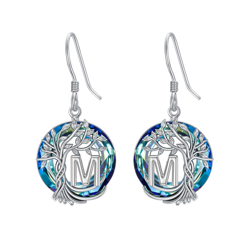TOUPOP Earrings for Women Tree of Life Earrings with A-Z Initial Letter 925 Sterling Silver Hooks Drop Earrings Tree Dangle Earrings with Blue Circle Crystal Birthday Jewelry Gifts for Women Girls Friends M - BeesActive Australia