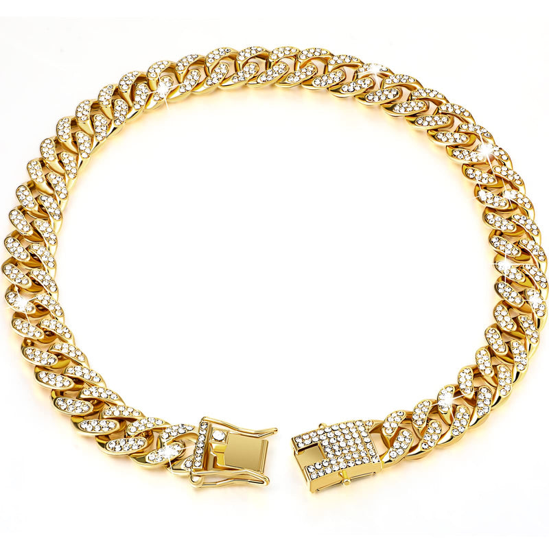 Tallew Dog Chain Diamond Collar Walking Metal Chain Collar with Secure Buckle, Pet Cuban Style Collar Jewelry Accessories for Small Medium Large Dog Cats(8 Inch,Gold) 8 Inch Gold - BeesActive Australia