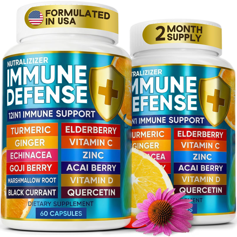 Immune Support Supplement - Turmeric, Vitamin C with Zinc, D3, Elderberry | Immune Defense Vitamins - Echinacea, Ginger, Vitamin D3 - Natural Blend Health Booster, Immunity & Muscle Health 120 Capsules 60 Count (Pack of 2)