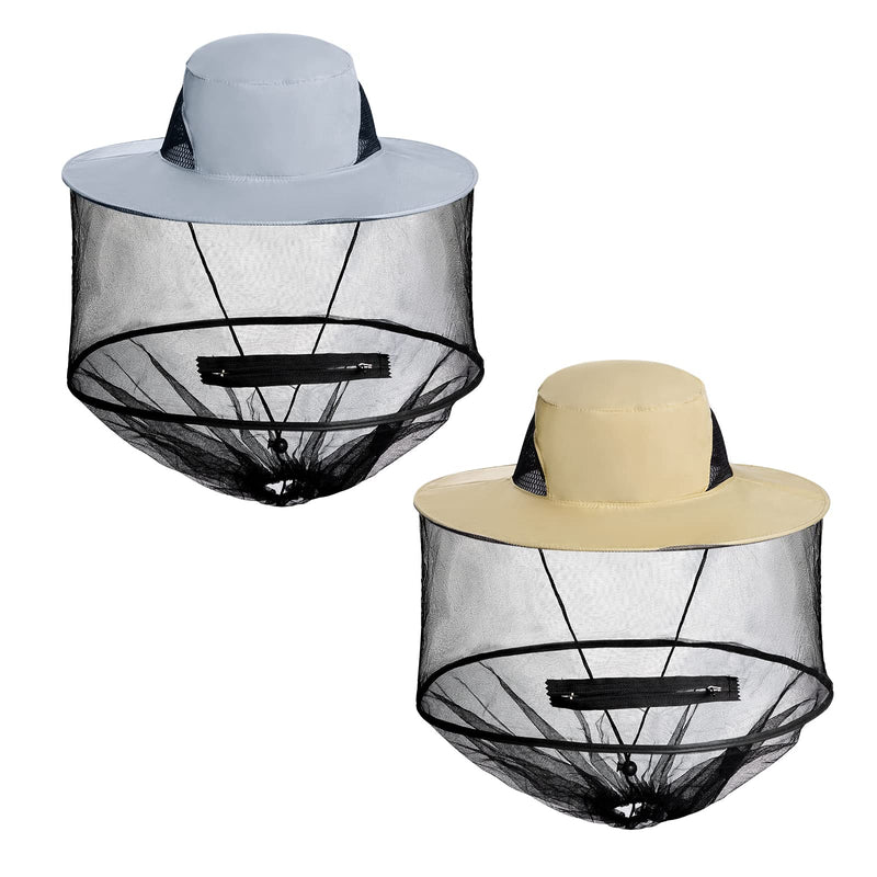 Sucrain 2 Pack Mosquito Head Net Hat Sun Hat Garden Bug Hat with Hidden Net Mesh for Outdoor Gardening Beekeeping 5-5 3/8 Beige + Gray