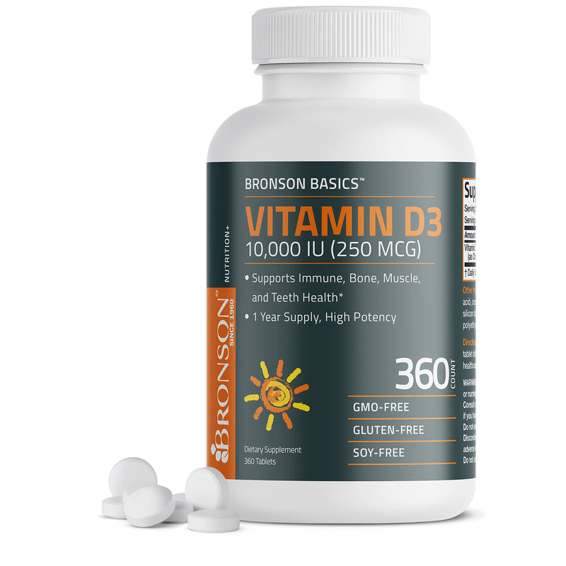 Bronson Vitamin D3 10,000 IU (250 MCG) 1 Year Supply for Healthy Muscle Function and Immune Support, Non-GMO, 360 Tablets Unflavored 360 Count (Pack of 1) - BeesActive Australia