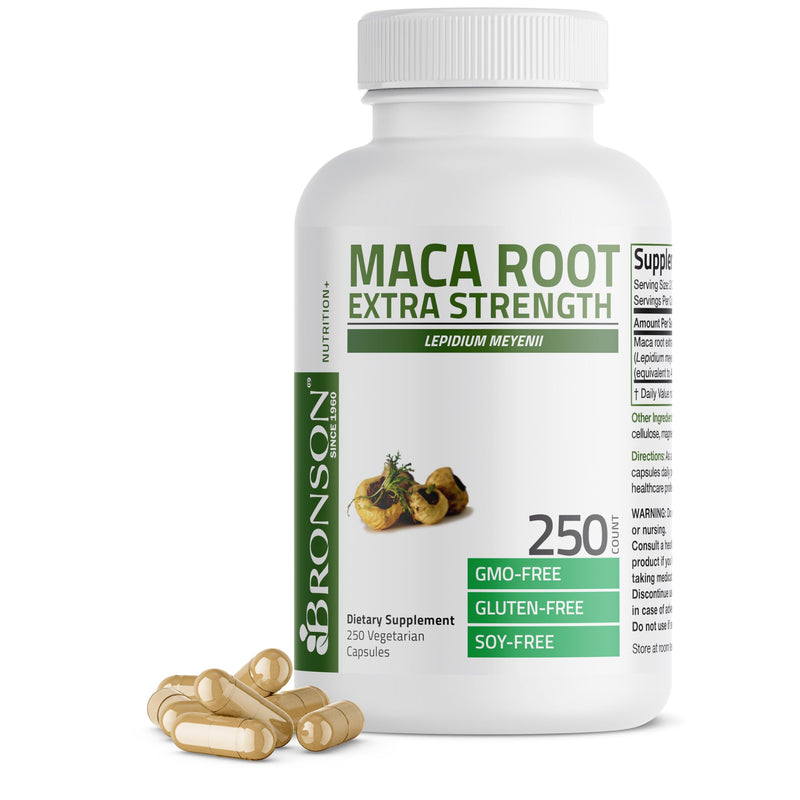 Bronson Maca Root Extra Lepidium Meyenii, Non-GMO, 250 Vegetarian Capsules Unflavoured 250 Count (Pack of 1)