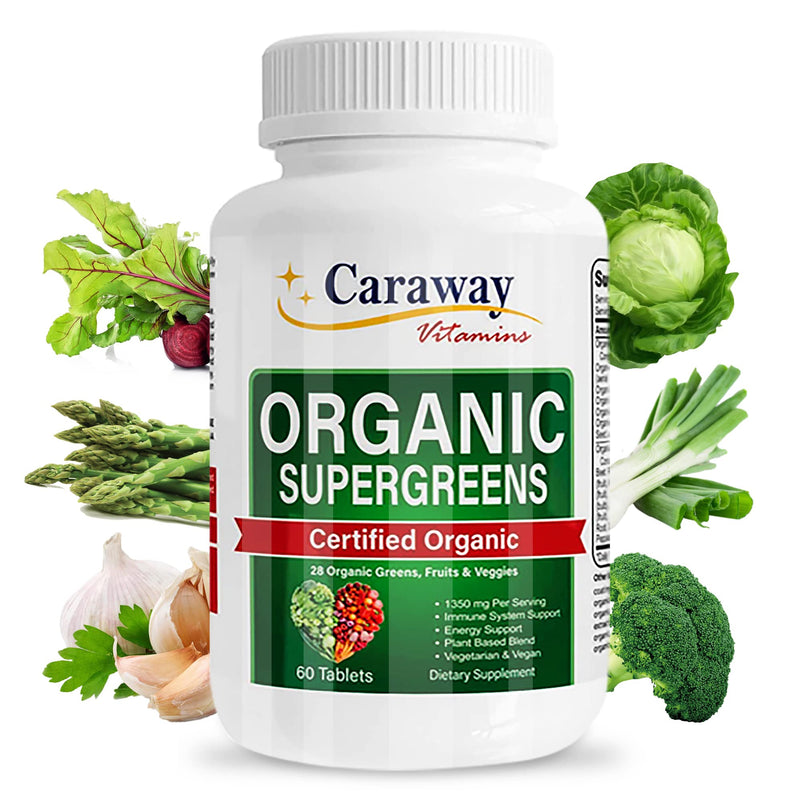 Organic Superfoods Vitamins Super Greens Complex by Caraway Vitamins 1,350 mg per Serving 28 Fruits Vegetables Greens 60 Count Tablets Non-GMO Natural for Men & Women