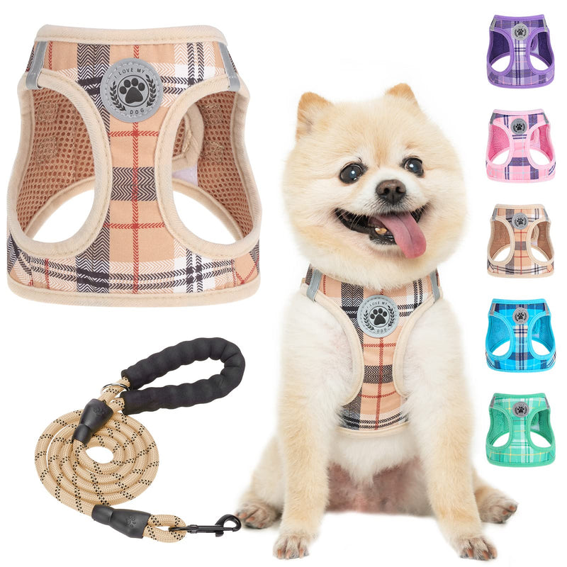 BEAUTYZOO Small Plaid Dog Harness and Leash Set for XS S Pets, Step in No Chock No Pull Soft Mesh Dog Vest Harnesses Reflective for Extra-Small/Small Medium Puppy Dogs and Cats, Beige S Small(Chest Girth 14.5" - 16") - BeesActive Australia
