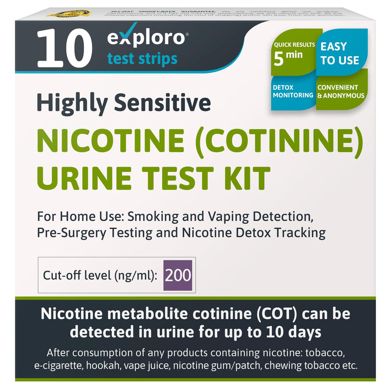 Exploro Nicotine Testing Kit at Home, Cotinine Urine Test, Highly Sensitive Nicotine Test Strips for Urine, Nicotine Test, Accurate Nicotene Test & Vape Test for Cut-Off Level 200 ng/ml (Pack of 10) 10 Count (Pack of 1) - BeesActive Australia
