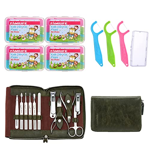 FAMILIFE Dental Floss Picks Kids flossers Toddler Threaders Children 200 Picks and FAMILIFE Manicure Set, Nail Kit 11 in 1 Pedicure kit Stainless Steel Mens Manicure Kit Leather Pedicure Tools Men