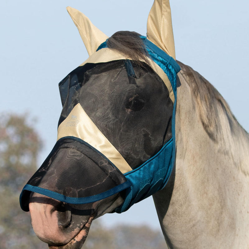 Harrison Howard Horse Fly Mask Long Nose with Ears Champagne Gold/Teal L Full Size Full (Large) - BeesActive Australia