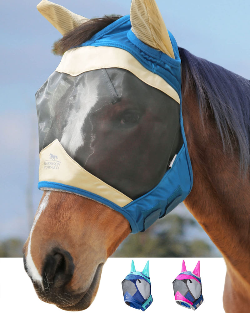 Harrison Howard Luxe Dual-Tone Horse Fly Mask Half Face with Ears Fully Visible UV-Blocking Fine Mesh Soft Fleece Edging for Extra Comfort Champagne Gold/Teal M Cob Cob (Medium) - BeesActive Australia