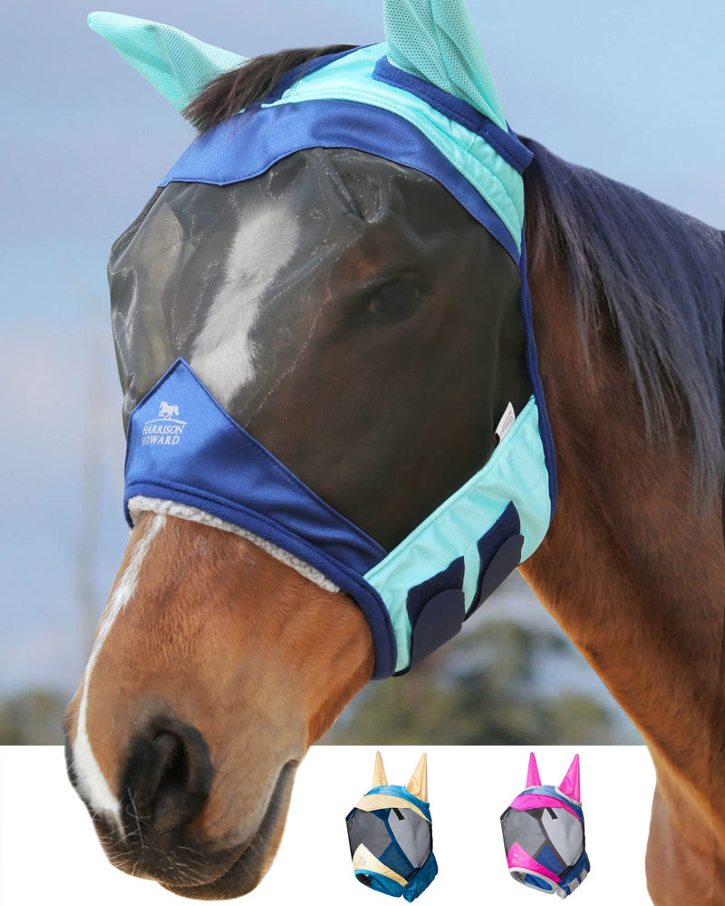 Harrison Howard Luxe Dual-Tone Horse Fly Mask Half Face with Ears Fully Visible UV-Blocking Fine Mesh Soft Fleece Edging for Extra Comfort Summer Mint/Navy M Cob Cob (Medium) - BeesActive Australia