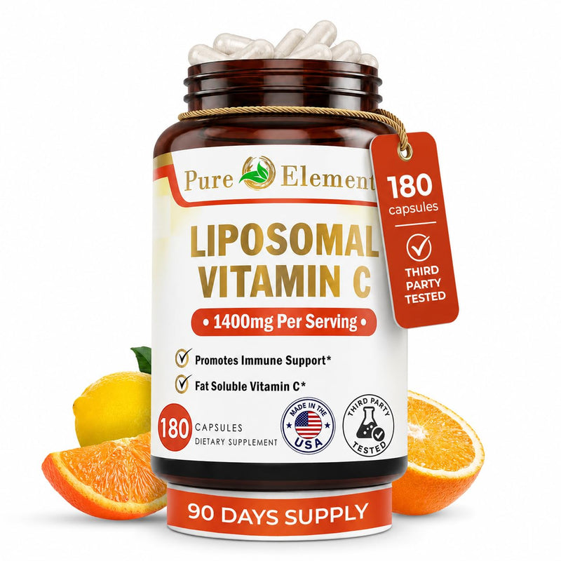 Pure O Elements Liposomal Vitamin C Capsules 180 Count High Absorption | Pure vitamin C, liposomal delivery, 1400 mg - non-GMO, soy free, gluten free, 180 capsules for daily antioxidant support.