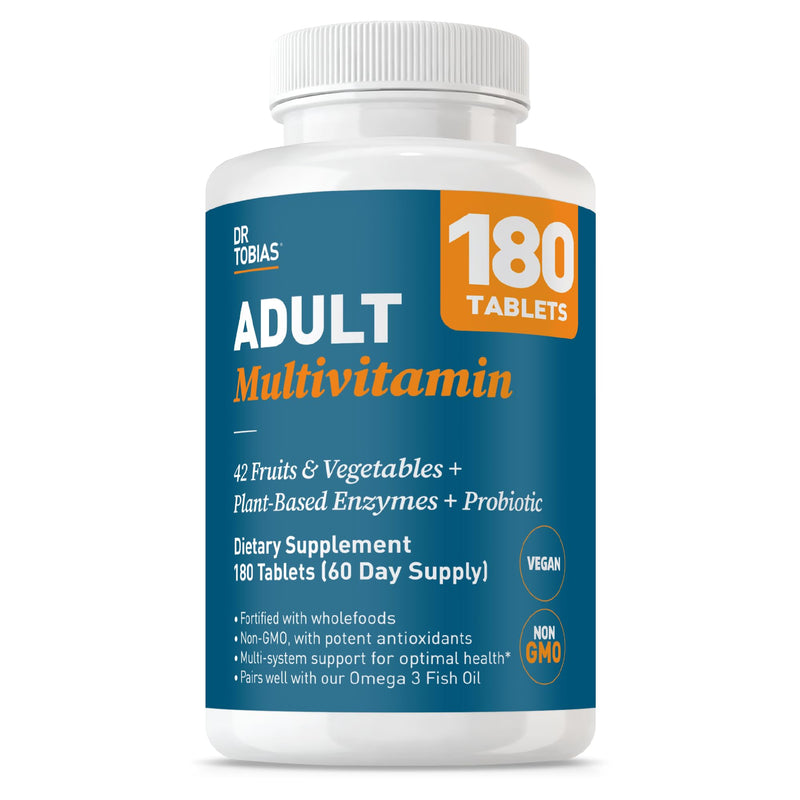 Dr. Tobias Adult Multivitamin for Women & Men 180 Count | Daily Energy & Immune Support | Vitamin Supplement with 42 Fruits & Vegetables + Probiotic + Enzymes | Vegan | 60 Servings 180 Count (Pack of 1)