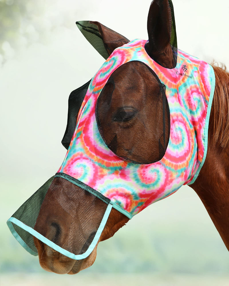 Ultra Lightweight UV-proof Full Visibility Stretchy Horse Fly Mask Long Nose with Ears-Rainbow Circle (L; Full Size) Full (Large) Rainbow Circle - BeesActive Australia