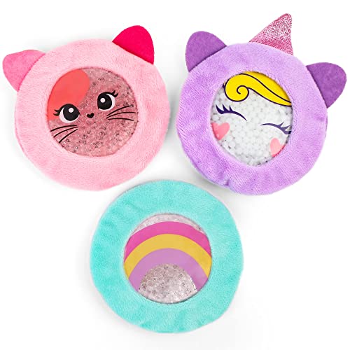 LotFancy Kids Ice Packs for Boo Boos, 3 Pack, Reusable Hot Cold Packs with Cute Plush Sleeves, Small Round Gel Pads for Injuries, Headache, Fever, Wisdom Teeth, Pain Relief, 4.75” Unicorn, Rainbow, Cat