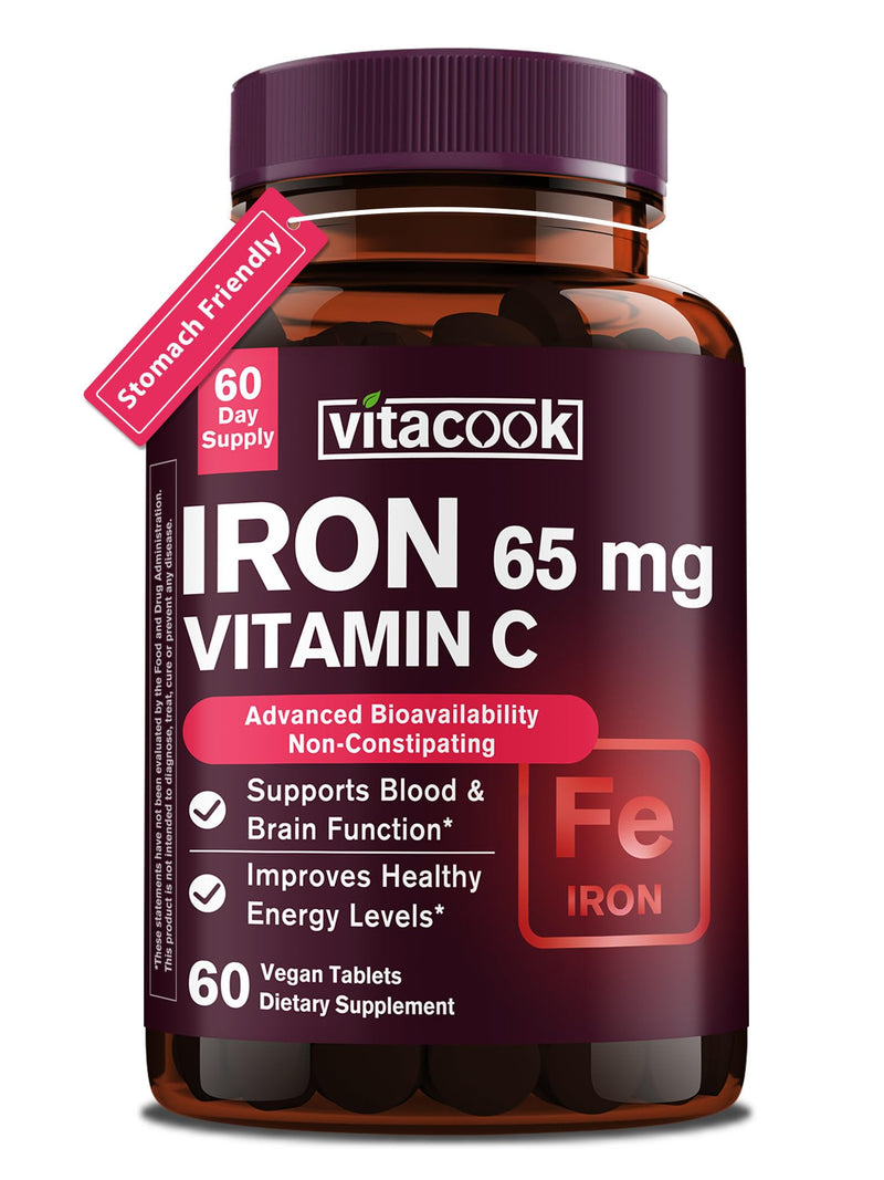 Iron Supplement for Women Men, High Potency Iron 65mg with Vitamin C 250mg, Slow Release Stomach Friendly Iron Pills for Red Blood Cell & Immune Support, Non-GMO, Gluten Free, 60 Vegan Tabs iron65mg+vc 60 Count (Pack of 1)