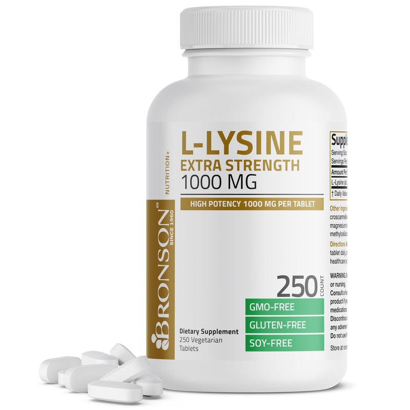 Bronson L-Lysine Extra Strength 1000 mg, 250 Vegetarian Tablets | Immune Support, L-Lysine HCl, Essential Amino Acid, Collagen Synthesis Support, Non-GMO, Gluten-Free & Soy-Free 250 Count (Pack of 1)