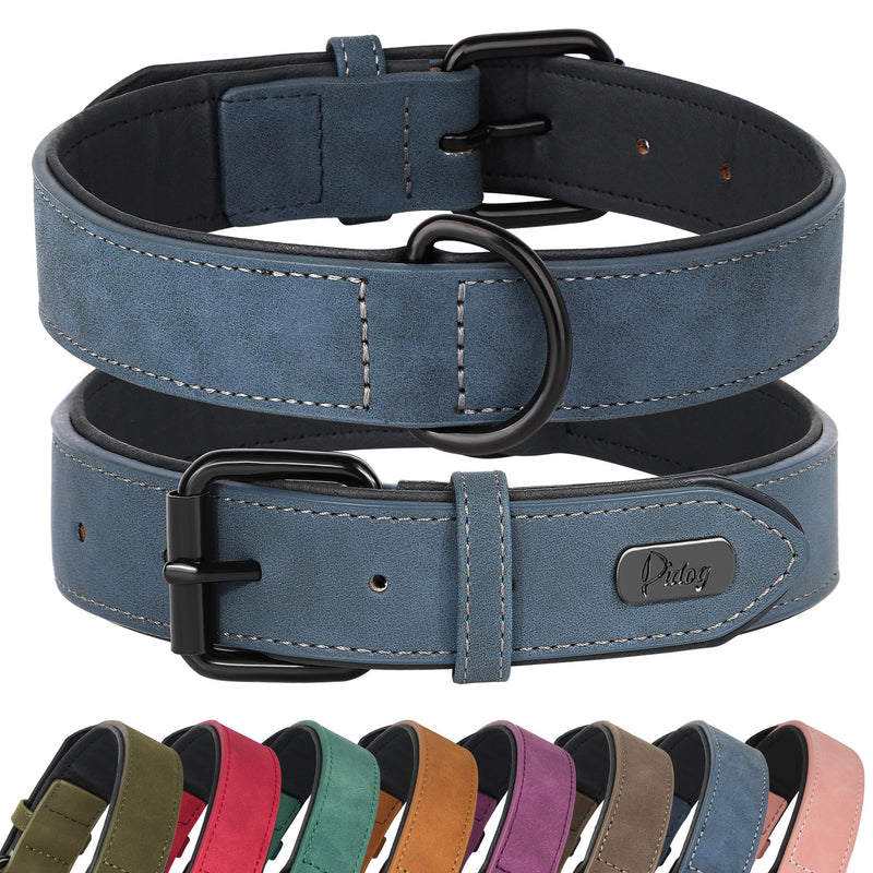 Didog Soft Padded Leather Dog Collar, Breathable Heavy Duty Dog Collar Leather with Adjustable Rust-Proof Metal Buckle for Small Medium Large Dogs, Blue, XL XL: Fit Neck 17-21"(44-71 lbs) - BeesActive Australia