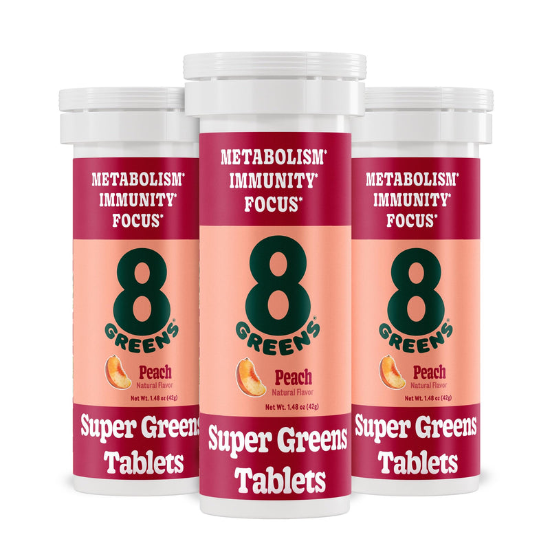 8Greens Daily Greens Effervescent Tablets, Peach, 30 Count | Spinach, Wheatgrass, Blue Green Algae, Spirulina, Aloe Vera, Chlorella, and Barley Grass; For Metabolism, Immunity & Focus