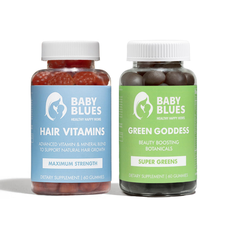 Baby Blues Grow and Glow Beauty Bundle for Moms, Postpartum Hair Vitamins with Biotin Collagen and Folate Plus Green Goddess Superfood Gummies for Hair and Skin, 2 Pack 60 Count Each