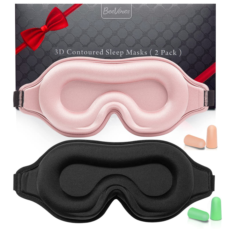 BeeVines 2 Pack 3D Contoured Sleep Mask Sleeping Eye Masks for Lash Extensions, Night Molded Mask with Adjustable Strap, 100% Block Light Eye Shade Cover for Traveling Yoga Nap 01 Pink & Black (2 Packs)