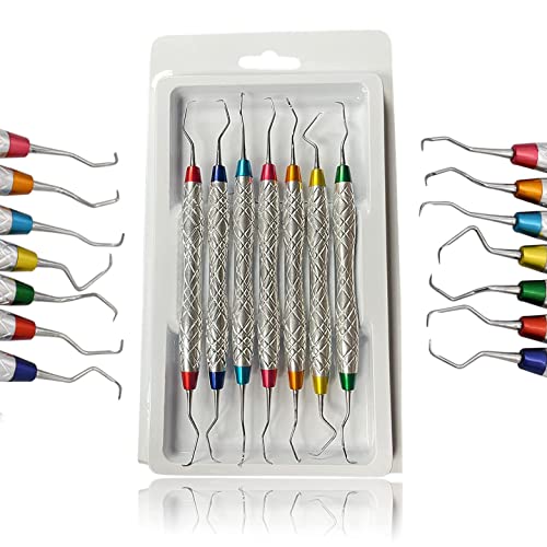 Set of 7 Gracey Periodontal Curettes 1/2-13/14 Double Ended Dual End Hollow Handle Color Coded & Chrome Plated Handle Dental Instruments with Protective Packing DN-2355