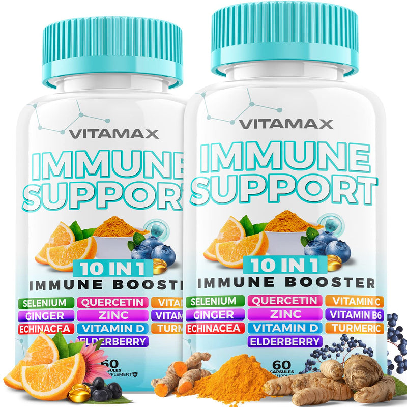 10-in-1 Immune Support with Elderberry, D3, Selenium, Quercetin, Zinc, Vitamin C, Ginger, Turmeric Curcumin, B6, Echinacea – Immune Defense – Made in USA (60 Count (Pack of 2)) 60 Count (Pack of 2)