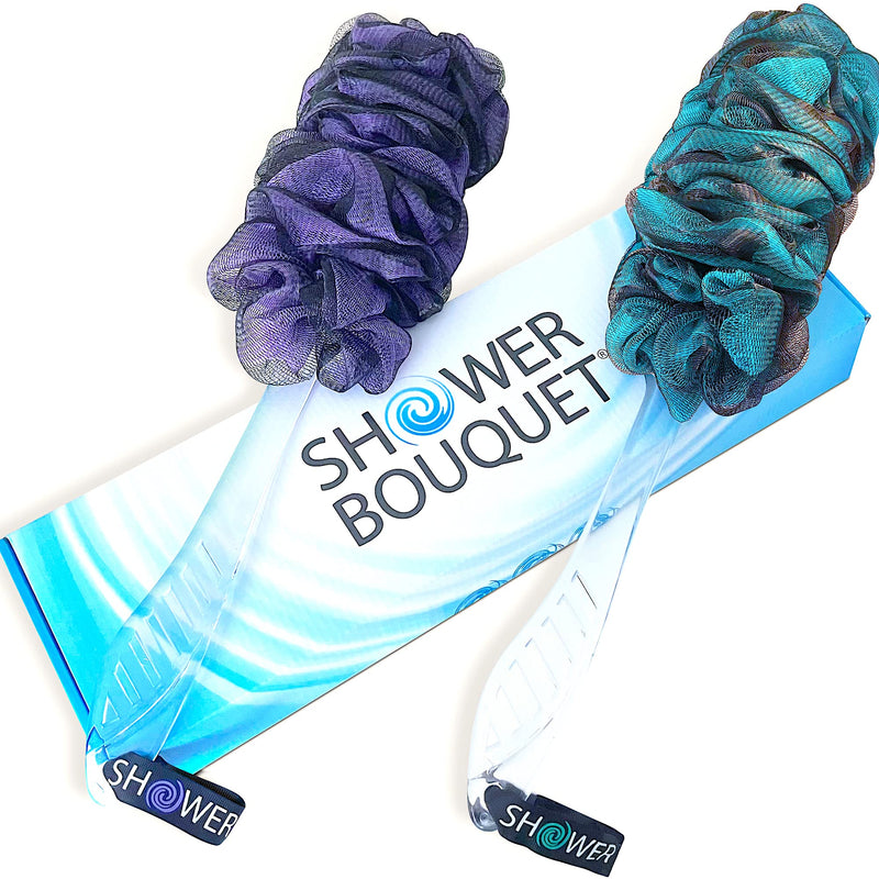Loofah-Charcoal Back-Scrubbers Color-2-Pack-by-Shower-Bouquet: Long-Handle Bath-Sponge-Brushes with Extra Large Soft Mesh for Men & Women - Exfoliating Full Pure Cleanse in Bathing Accessories Charcoal Green, Charcoal Lavender - BeesActive Australia