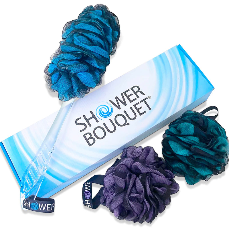 Loofah-Charcoal Back-Scrubber & Bath-Sponge Color-Set by-Shower-Bouquet: 1 Long-Handle-Back-Brush Plus 2 Extra Large 75g Soft Mesh Poufs, Men & Women - Exfoliating Cleanse with XL Luffa Lufas Loofahs Charcoal Blue, Charcoal Green, Charcoal Lavender - BeesActive Australia