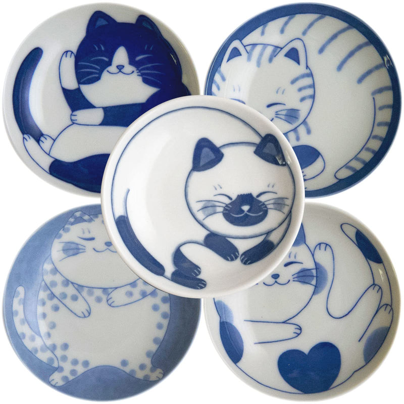 LOVE LOVE JAPAN Dessert Sushi Soy Sauce Salad Small Plate Set Ceramic Cats Design Set of 5 Made In Japan Sleeping Cat - BeesActive Australia