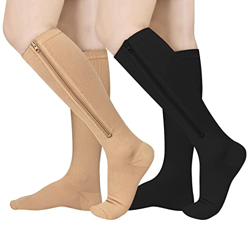 2 Pairs Zipper Compression Socks, 15-20 mmHg Closed Toe Compression Stocking with Zipper for Women and Men Beige*1+Black*1--Close Toe Small-Medium