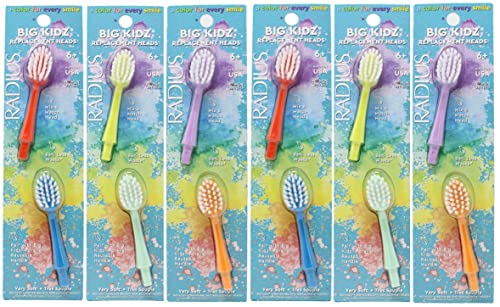 RADIUS Big Kidz Forever Brush Replaceable Head for Children, 6 Years and Up, BPA Free ADA Accepted for Growing Teeth and Gums, 2 Heads - Extra Soft Coral, Blue, Chartruese, Mint, Lavendar, Tangerine 1 Count (Pack of 6)