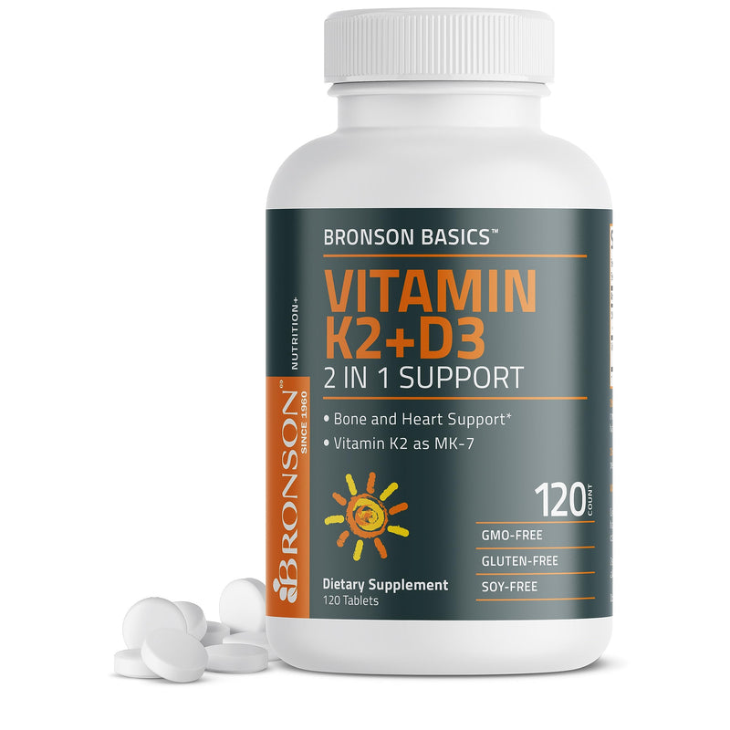 Bronson Basics Vitamin K2 D3 (MK7) Supplement Non-GMO Formula 5000IU (125 mcg) Vitamin D3 & 90 mcg Vitamin K2 MK-7 Easy to Swallow Vitamin D & K Complex, 120 Tablets Unflavored 120 Count (Pack of 1) - BeesActive Australia