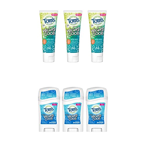 Tom's of Maine Natural Tween Deodorant and Variety: Aluminum-Free Cool! Natural for Tweens, Freestyle, 1.6 oz. 3-Pack & ADA Approved Wicked Cool! Natural Fluoride Toothpaste, Mild Mint, 5.1 oz.
