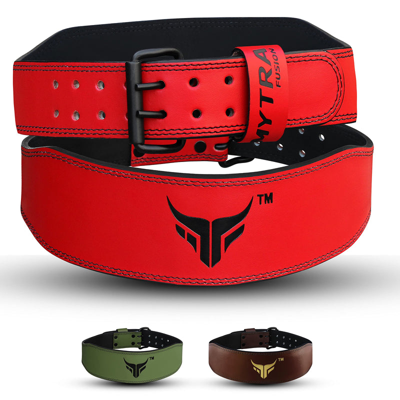 Mytra Fusion Weight Lifting Belt Double Prong Buckle Power Lifting Back Support Belt 100% Leather Gym Belts for Weightlifting Weight Lifting Belts for Men Women, Powerlifting, Strength Training Red S