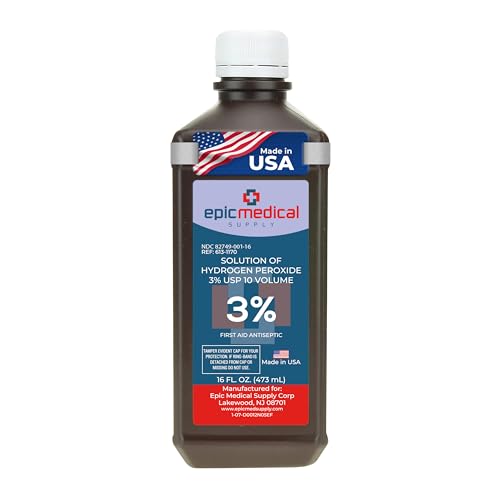 Epic Medical Supply H2O2 Hydrogen Peroxide Solution 3% USP - 16 oz, First Aid Antiseptic & Multipurpose Cleaner - Hydrogen Peroxide Mouthwash, Topical Wash for Cuts & Scrapes - 16oz (Pack of 1)