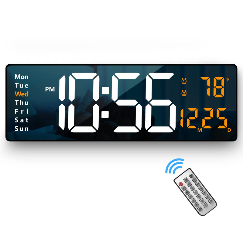 Digital Wall Clock Large Display, 16.2 Inch , LED Digital Clock with Remote Control for Living Room Decor, Automatic Brightness Dimmer with Date Week Temperature (Orange) Orange